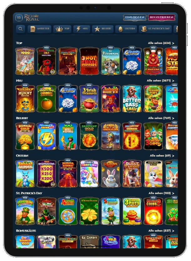 RichRoyal Casino: Kategorien und Anbieterfilter helfen beim Einordnen des Spielekatalogs.