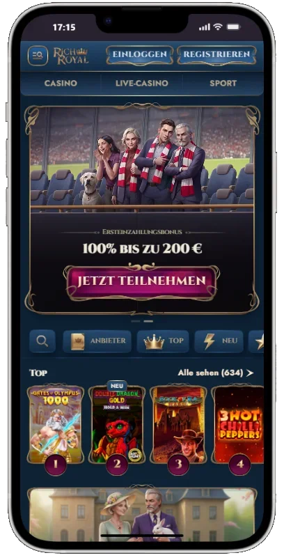 RichRoyal Casino: Die mobile Lobby bündelt Spiele und Kontofunktionen.