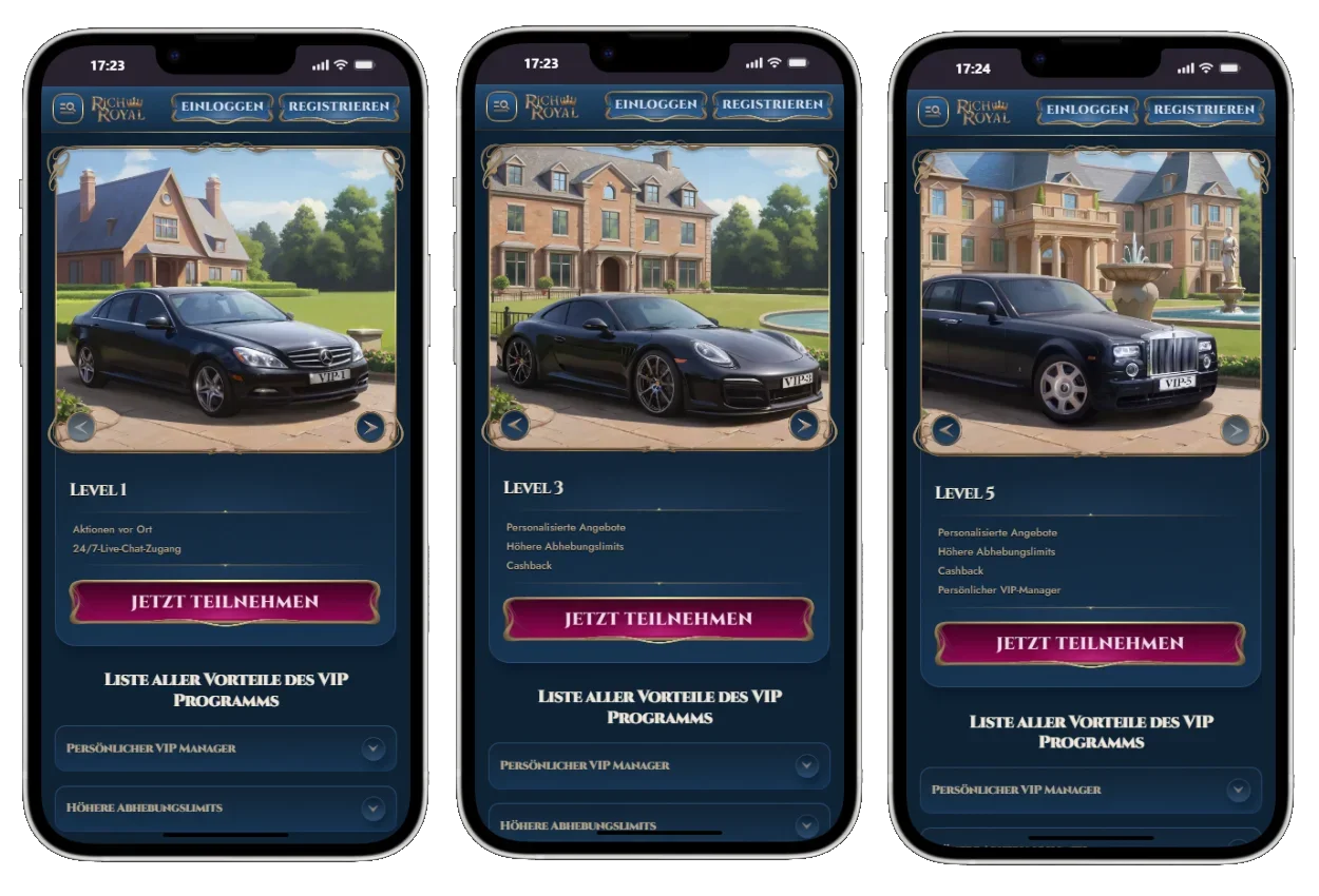 RichRoyal Casino: Die VIP-Ansicht zeigt die Abstufung der Mitgliedschaft.
